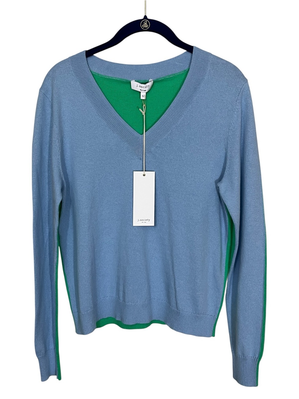 J. Society Women’s V-neck Blue & Green Color Block Sweater. Size Small
